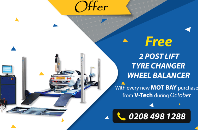 Free two post lift, tyre changer and wheel balancer from V-Tech