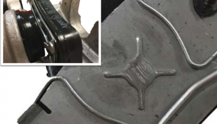 Brake pad wire clamp warning for technicians