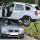Bizarre crash leaves car left balancing on top of another