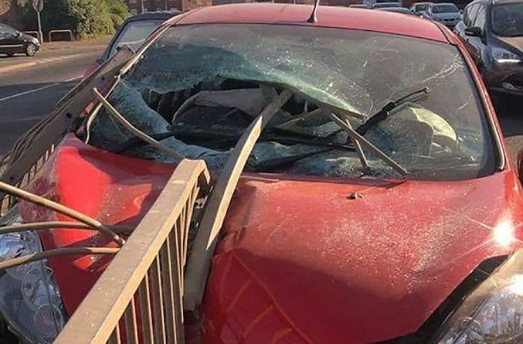 Lucky escape as driver walks away despite 6ft metal barrier spearing through windscreen