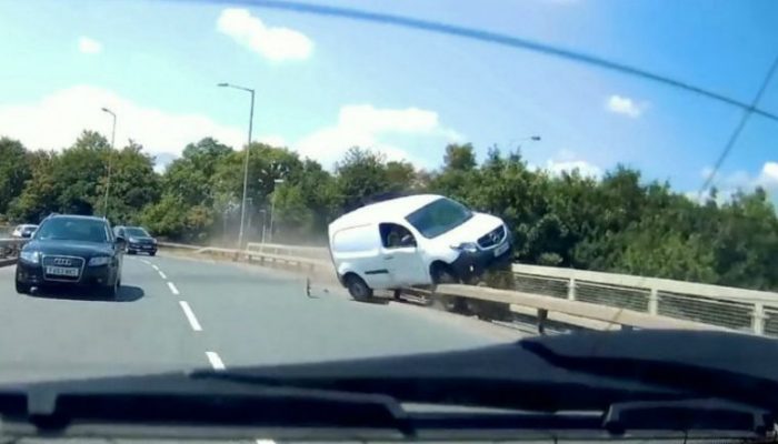 Watch: Shocking see-it-to-believe-it moment driver almost runs van off bridge