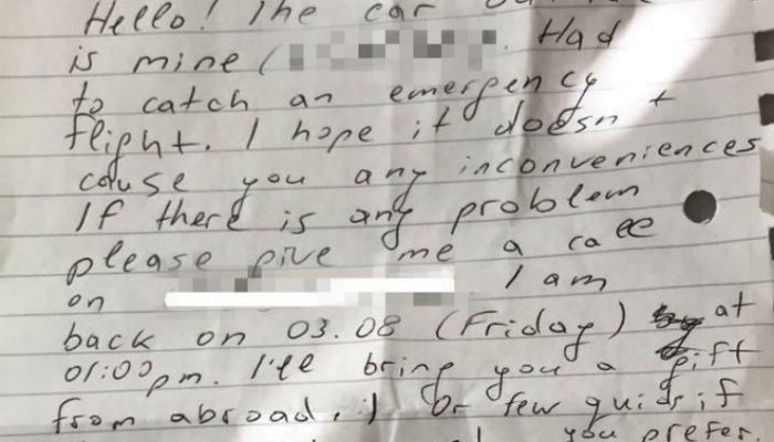 Residents rage over kindly worded note left by airport parker