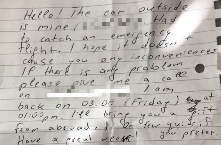Residents rage over kindly worded note left by airport parker
