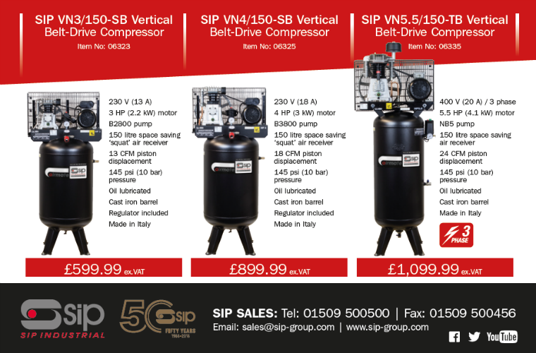 Vertical space-saving compressors from SIP Industrial Products