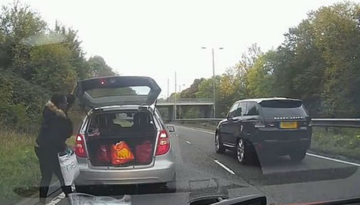 Watch: Motorist “nearly causes pile up” by stopping on carriageway to get bag from boot