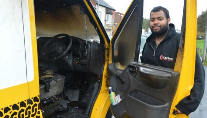 Garage owner wakes to find firefighters dousing flames on his mobile tyre fitting van