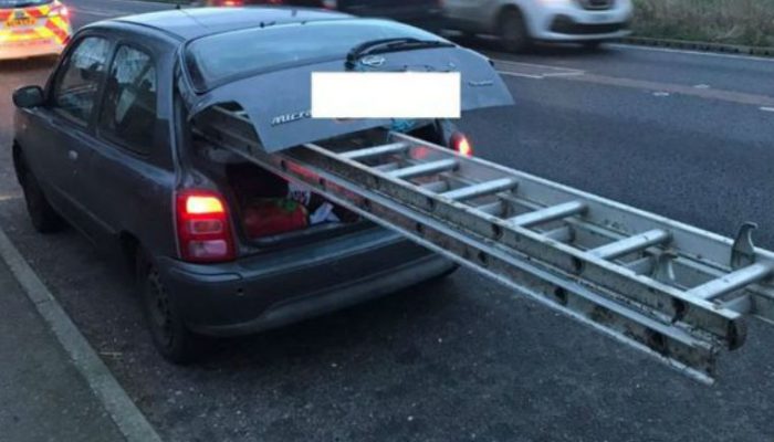 Police stop Nissan Micra with large ladder hanging out boot