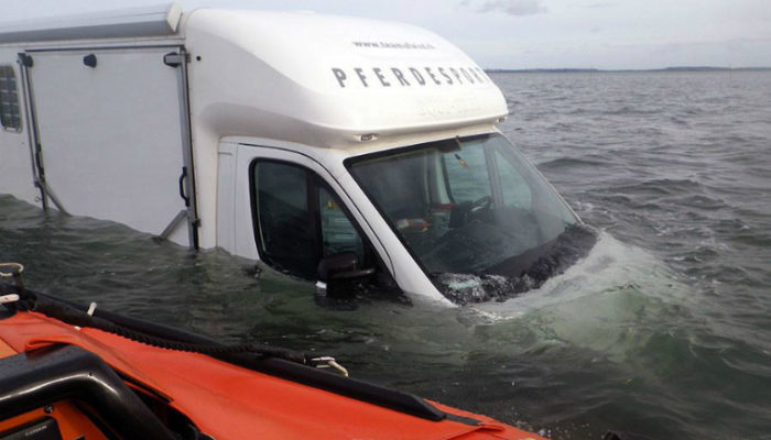 Driver has a mare as horsebox is left stranded on causeway at high tide