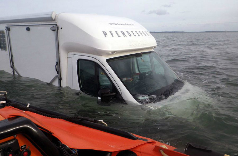Driver has a mare as horsebox is left stranded on causeway at high tide