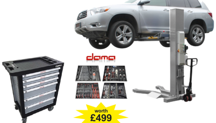 Free tool cabinet and tools when your order Dama mobile single post lift at Hickleys