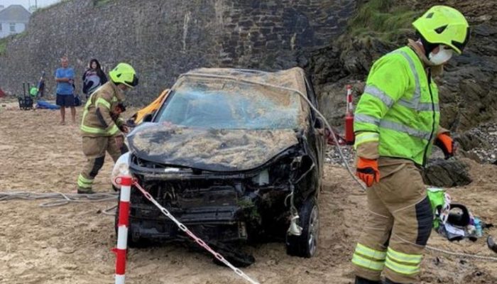 Car plunges onto Cornish beach