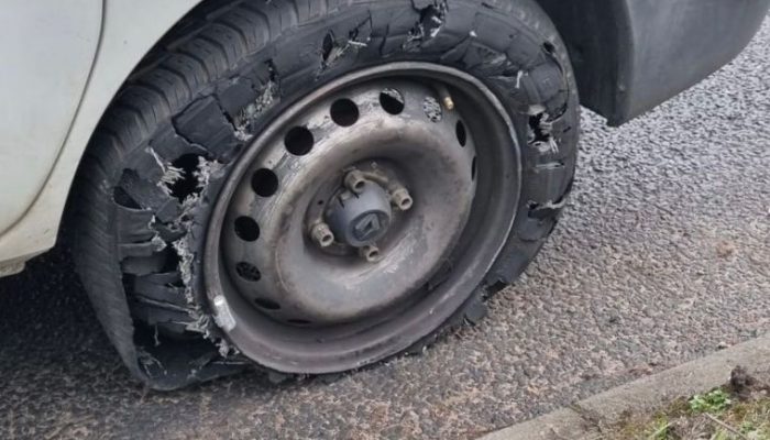 Police stop van with shredded tyre