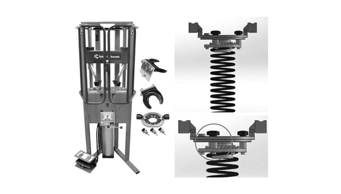Pneumatic coil spring compressor workstation with upper bracket