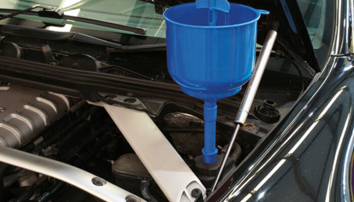 Laser Tools Anti-Spill Coolant Funnel set offers mess-free coolant refilling